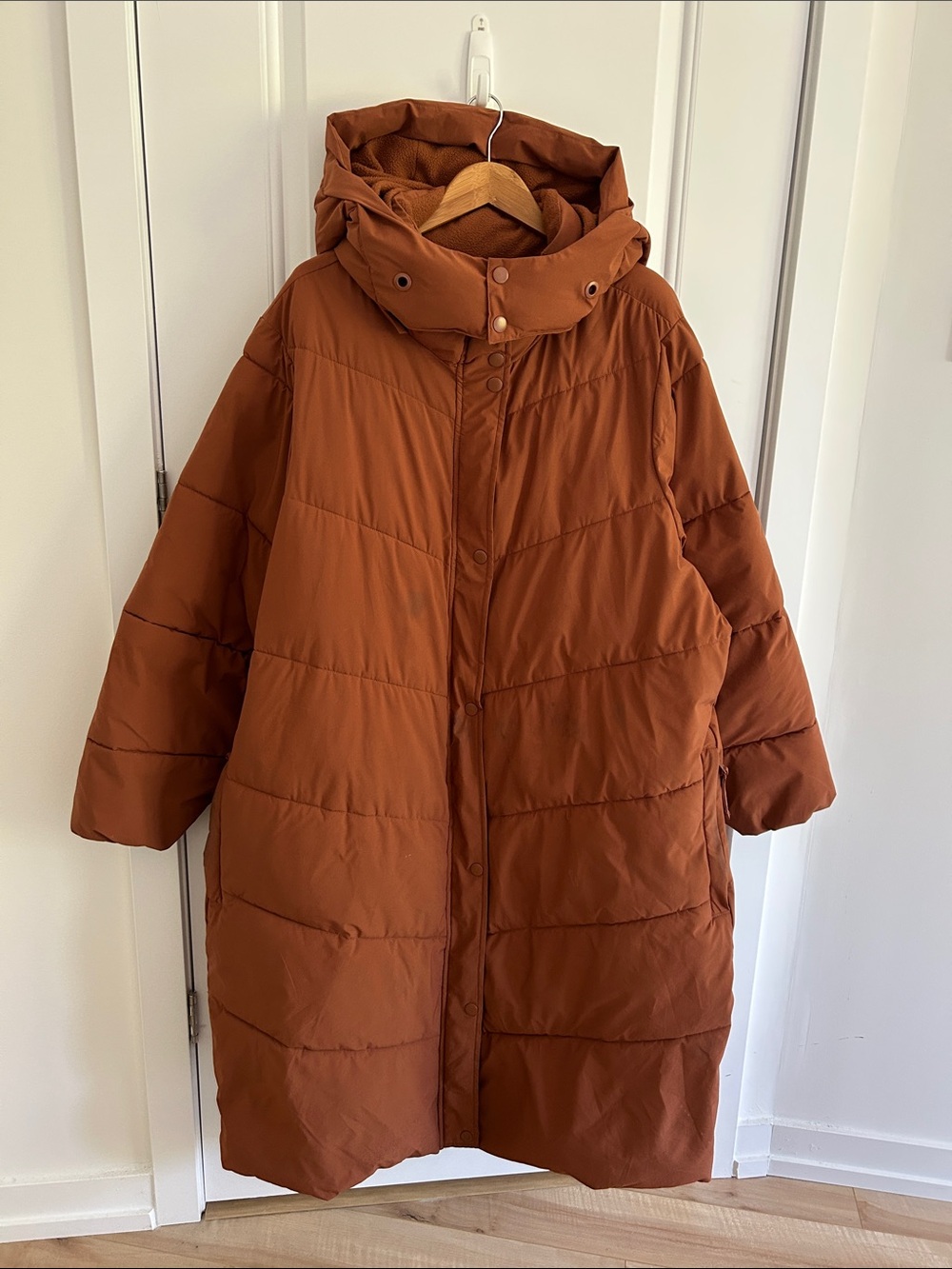 Long Women Hooded Puffer Coat - Rust Brown
